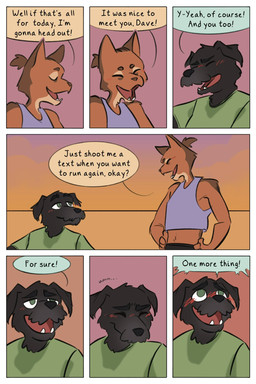 anthro bench blush bottomwear clothing crop_top dialogue duo hair looking_at_another male navel outside shirt shorts smile t-shirt tied_hair topwear demilittleguy dave_(demilittleguy) james_(demilittleguy) canid canine canis domestic_cat domestic_dog felid feline felis mammal comic hi_res