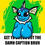 1:1 anthro big_breasts blue_body blue_skin blush breasts digital_drawing_(artwork) digital_media_(artwork) eeveelution featureless_breasts female frill_(anatomy) generation_1_pokemon get_them_bigass_ears_out_of_the_caption green_background looking_at_viewer membrane_(anatomy) membranous_frill meme neck_frill nintendo nude pokemon pokemon_(species) simple_background smile solo vaporeon yellow_background yogurtbeans