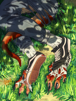 ambiguous_gender anthro blue_bottomwear blue_clothing blue_jeans blue_pants bottomwear claws clothing denim denim_bottomwear denim_clothing feet foot_focus footwear grass growth human_to_anthro jeans lying mid_transformation on_side pants plant plantigrade_to_digitigrade red_body red_scales scales shadow socks solo species_transformation spiked_tail spikes spikes_(anatomy) tail tail_growth tail_growth_in_pants toe_claws torn_bottomwear torn_clothing torn_footwear torn_pants torn_shoes torn_socks transformation white_clothing white_footwear white_socks sparks_99 mythology dragon mythological_creature mythological_scalie scalie 2025 hi_res shaded signature