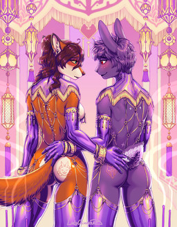 anthro arm_stockings armwear biped blush branded breasts butt clothing duo ear_piercing ear_ring eye_contact female fur gold_(metal) gold_jewelry hair hand_on_butt harem harem_jewelry harem_outfit jewelry legwear looking_at_another male male/female nipple_piercing nipples orange_body orange_fur piercing red_eyes ring_piercing side_boob smile stockings tail ladychimaera simon_blutrot simone_augustine_(bigtiddyfox) canid canine felid fox lagomorph leopard leporid mammal pantherine rabbit digital_drawing_(artwork) digital_media_(artwork) hi_res