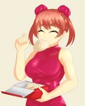 2020 4:5 5_fingers asian_clothing breasts clothing dodo_mpa dumplings east_asian_clothing eyes_closed female fingers food food_in_mouth hair hi_res holding_object human human_only mammal not_furry red_hair simple_background smile solo