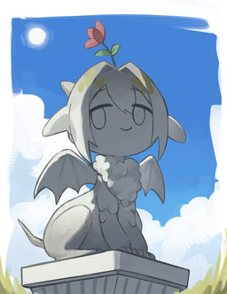 ambiguous_gender chest_tuft cloud column day flower_on_head grey_body looking_aside membrane_(anatomy) membranous_wings outside quadruped sculpture sitting smile solo statue sun tail tuft wings kuaspa arknights hypergryph studio_montagne questioning_statue_(arknights) animate_inanimate gargoyle living_statue 2026 absurd_res digital_media_(artwork) hi_res