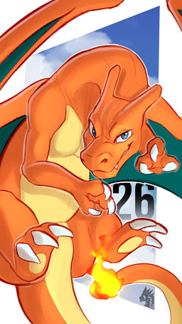 3_fingers 3_toes abstract_background ambiguous_gender back_wings blocky_snout blue_eyes claws confident countershade_torso countershading feet feral finger_claws fingers fire flaming_tail looking_at_viewer membrane_(anatomy) membranous_wings open_mouth orange_body outline sharp_teeth smile snout solo tail tapering_tail teeth toe_claws toes white_claws white_outline wings yellow_body yellow_countershading zyria mythology nintendo pokemon charizard dragon generation_1_pokemon mythological_creature mythological_scalie pokemon_(species) scalie hi_res shaded