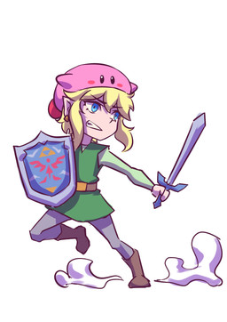 blonde_hair clothed clothing duo hair male melee_weapon not_furry shield shirt sword topwear tunic weapon hej_510 kirby_(series) nintendo the_legend_of_zelda kirby link alien humanoid hylian waddling_head 2022 absurd_res crossover hi_res