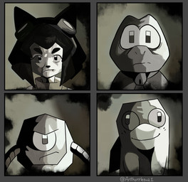 1_eye anthro blank_expression cross-eyed eyewear eyewear_on_head female goggles goggles_on_head group looking_at_viewer machine male pupils smile square_pupils anthonylegua1 gameoverse glitch_productions left_4_dead_(series) valve flappers_(gameoverse) gobbles_(gameoverse) kaboodle_(gameoverse) kit_bodega aquatic cetacean dinosaur dolphin domestic_cat felid feline felis fish mammal prehistoric_species reptile robot scalie toothed_whale 2026 crossover hi_res monochrome