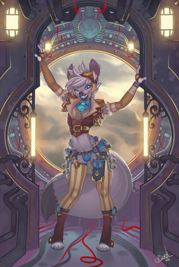4_toes aircraft airship alternative_fashion amazing_background anthro armwear belt biped blue_eyes bulge captain clothed clothing cloud colored_nails detailed_background ear_piercing elbow_gloves eyewear facial_piercing feet femboy front_view gloves goggles grin hair handwear legwear lights male midriff nails nose_piercing one_eye_closed panties piercing sky small_waist smile solo standing steampunk stockings thigh_highs toes underwear utility_belt vehicle white_hair wide_hips bonk akkla canid canine fox mammal 2017 absurd_res detailed digital_media_(artwork) hi_res