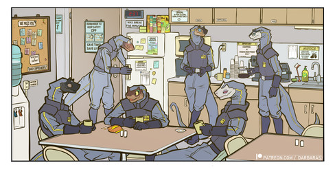 anthro appliance badge beverage blue_sclera chair chips_(food) clock clothing coffee coffee_mug container cup digital_clock electronics food fridge furniture group kitchen_appliance male microwave_oven orange_sclera outlet post-it_note poster pupils security security_guard security_uniform sitting table talking_to_another text water_cooler yellow_sclera darbaras lizard reptile scalie 2022 absurd_res colored english_description english_text hi_res
