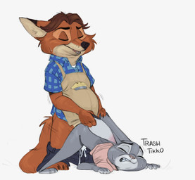 anthro anthro_on_anthro anthro_penetrated anthro_penetrating anthro_penetrating_anthro apron bodily_fluids bottomless bottomless_female bottomless_male bottomwear bottomwear_down clenched_teeth clothed clothed_sex clothing cum cum_in_vagina cum_inside duo ear_pull eyes_closed female female_penetrated genital_fluids larger_male male male/female male_penetrating male_penetrating_female pants pants_down partially_clothed pattern_clothing penetration plaid plaid_clothing rough_sex sex simple_background size_difference smaller_female sweat teeth white_background trashtikko disney zootopia gideon_grey judy_hopps canid canine fox lagomorph leporid mammal rabbit red_fox true_fox 2021 absurd_res colored hi_res