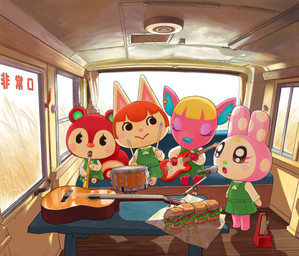 anthro blonde_hair blush bus chibi clothing commercial_vehicle curtains_open detailed_background dress drum electric_guitar electronics female food green_clothing green_dress group guitar hair holding_drumstick holding_flute holding_guitar holding_musical_instrument holding_object inside inside_bus metronome microphone musical_instrument open_mouth percussion_instrument playing_guitar playing_music plucked_string_instrument red_body sandwich_(food) singing standing string_instrument tail vehicle senrotou animal_crossing nintendo subway_(restaurant) chrissy_(animal_crossing) felicity_(animal_crossing) fuchsia_(animal_crossing) poppy_(animal_crossing) deer domestic_cat felid feline felis lagomorph leporid mammal rabbit rodent sciurid tree_squirrel 2020 digital_media_(artwork) hi_res