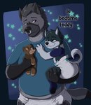 ageplay anthro baltnwolf_(artist) blue_body blue_fur canid canine canis clean_diaper clothed clothing colby_(husky) diaper diaper_only diapered_dominant domestic_dog english_text facial_piercing fur glowing grey_body grizz_(diapered_dad) hi_res holding_another husky hyena infantilism male mammal nordic_sled_dog nose_piercing nose_ring overweight overweight_male piercing plushie purple_eyes ring_piercing roleplay septum_piercing size_difference slightly_chubby slightly_chubby_male smile spitz star tail teddy_bear text tired topless wearing_diaper white_body young young_anthro