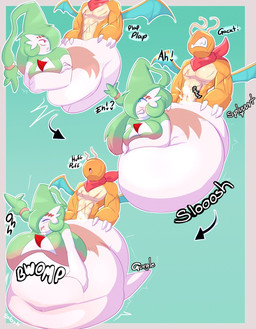 abdominal_bulge ahegao anthro belly big_belly big_breasts big_butt big_penis bodily_fluids breast_expansion breasts butt clenched_teeth clothing cum cum_inflation cum_inside dialogue directional_arrow duo excessive_cum excessive_genital_fluids expansion female fusion genital_fluids genitals green_hair hair heart_symbol hidden_eyes huge_belly huge_breasts huge_butt huge_penis hyper hyper_belly inflation kerchief looking_pleasured male multicolored_body multicolored_hair neckerchief neckwear one_eye_obstructed orange_body penis pink_hair pokemon_fusion red_eyes resting_on_belly scar sound_effects teeth text white_body wide_eyed wings gardegu nintendo pokemon meringue_(plantbugs) dragonite gardevoir generation_1_pokemon generation_3_pokemon generation_8_pokemon hatterene humanoid hybrid pokemon_(species) character_request hi_res