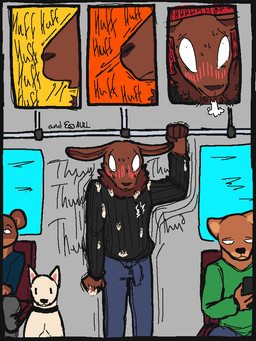 ambiguous_gender anthro black_clothing black_sweater black_topwear blue_bottomwear blue_clothing blue_pants blush bodily_fluids bottomwear brown_body brown_fur clothing cum cum_on_clothing cum_on_hand erection erection_under_clothing feral fur genital_fluids group male neck_tuft nervous pants public public_transportation sitting standing sweater text topwear train tuft vehicle qwaxi~lixard canid canine canis domestic_dog lagomorph leporid mammal rabbit 2026 3:4 colored comic english_text flat_colors