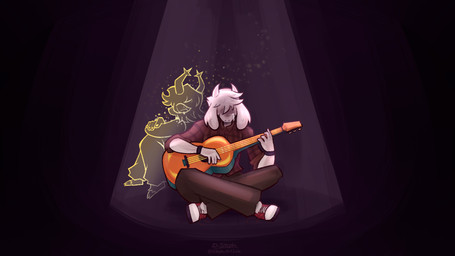 acoustic_guitar anthro bodily_fluids crying duo female fur guitar horn male musical_instrument plucked_string_instrument purple_background simple_background sitting spotlight string_instrument tears white_body white_fur stephsartlab deltarune undertale undertale_(series) asriel_dreemurr dess_holiday bovid caprine deer ghost goat mammal spirit 16:9 2025 hi_res widescreen