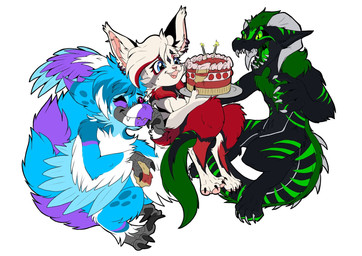 anniversary anthro blue_eyes cake cronne dessert female food french french_artist fur green_eyes group holding_food holding_object horn hug looking_at_food looking_at_object male melvie melvie_(artist) multicolored_body multicolored_fur open_mouth purple_eyes smile smiling_at_viewer trio mythology junglebee_(character) dinosaur dragon dromaeosaurid furred_dragon furred_scalie microraptor mythological_creature mythological_scalie prehistoric_species reptile saurischian scalie theropod 2025 digital_media_(artwork) full-length_portrait hi_res portrait