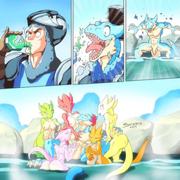 4_fingers adventurer anthro armor athletic athletic_anthro balls blue_body breasts claws clothed_to_nude convenient_censorship countershade_torso countershading detailed_background disintegrating_clothing drinking eyelashes female fingers genitals group growth happy harem headgear helmet horn horn_growth hot_spring human_to_anthro humanoid_genitalia humanoid_penis instant_transformation knight light long_eyelashes long_tail male male/female mountain_background non-mammal_breasts nude nude_anthro open_mouth outside partially_submerged penis potion sharp_teeth smile snout snout_growth species_transformation steam surrounded surrounded_by_females tail tail_growth tan_body tan_countershading teeth text transformation transformation_potion transformation_through_food warrior water sedrid_art human kobold mammal scalie 1:1 2023 artist_name comic dated digital_drawing_(artwork) digital_media_(artwork) lighting shaded story story_in_description