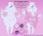anthro areola areola_slip arm_tuft bathrobe belly big_areola big_breasts black_nose bow_(feature) breast_tuft breasts cleavage clothed clothing color_swatch colored_nails feet female fur hair hair_over_eye huge_areola huge_breasts mane mature_anthro mature_female nails navel nipples nude one_eye_obstructed paws pink_areola pink_nails purple_eyes robe skimpy slightly_chubby slightly_chubby_anthro slightly_chubby_female small_feet solo standing text tired tuft white_body white_fur wide_hips wrist_tuft princess_samoyed judith_(honeypotsheep) canid canine canis domestic_dog mammal nordic_sled_dog samoyed spitz absurd_res english_text full-length_portrait hi_res model_sheet portrait