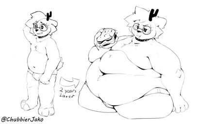 annoyed anthro antlers before_and_after blush bodily_fluids burger clothing collar deep_navel eating embarrassed eyewear food glasses hand_behind_head holding_food holding_object horn male mostly_nude navel obese obese_anthro obese_male overweight overweight_anthro overweight_male sidecut slightly_chubby slightly_chubby_anthro slightly_chubby_male solo standing sweat sweatdrop text time_skip twitter_handle underwear weight_gain chubbierjako jako_(chubbierjako) deer mammal 2023 black_and_white english_text hi_res line_art monochrome nonbinary_(lore)
