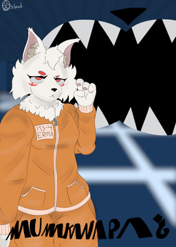 anthro clothing facial_markings female gesture hangar head_markings jumpsuit looking_at_viewer markings orange_jumpsuit poster solo waving vvitchpunk mau_makan_apa erika_(mau_makan_apa) canid canine fox mammal absurd_res hi_res trans_(lore) trans_woman_(lore)