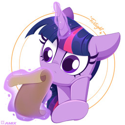 arm_support female feral horn leaning_on_elbow magic reading scroll simple_background solo thinking amixsf friendship_is_magic hasbro my_little_pony mythology twilight_sparkle_(mlp) equid equine mammal mythological_creature mythological_equine unicorn better_version_at_source hi_res