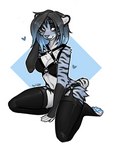 4_fingers anthro blue_body blue_eyes blue_fur blue_hair blush bra clothing f-r95 felid female fingers fur grey_hair hair harness legwear mammal ohiko_(bambolbi) pantherine paws simple_background solo stockings underwear