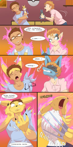 anthro argument blue_body blush blush_lines brown_hair clothing crossgender dialogue duo ear_expansion expansion eyelashes eyewear facial_tuft female female/female forced forced_transformation freckled_face freckles fur fur_growth gender_transformation glasses growth hair human_to_anthro long_eyelashes male motion_lines mtf_transformation orange_hair snout snout_growth species_transformation text tongue tongue_out torn_clothing toy transformation transformation_sequence tuft yellow_body tfsubmissions bandai_namco digimon nintendo pokemon canid digimon_(species) generation_4_pokemon human lucario mammal pokemon_(species) renamon absurd_res comic english_text hi_res