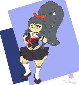 areola big_breasts bottomwear bow_accessory bow_ribbon breasts clothed clothing female hair hand_on_hip knee_highs legwear looking_at_viewer nipples no_bra puffy_areola puffy_nipples school_uniform short_hair simple_background skirt smile smiling_at_viewer thick_thighs uniform wide_hips conditional_dnp ori-doggo nintendo pokemon generation_3_pokemon mawile pokemon_(species) absurd_res hi_res