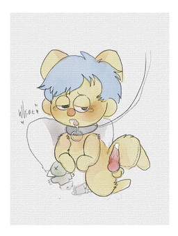 4_ears anthro arm_tuft balls bangs blue_hair blush blush_lines bodily_fluids border chest_tuft chibi collar collar_only cum drooling erection eyebrows feet fur genital_fluids genitals hair handpaw hindpaw knot leash leashed_collar lidded_eyes lying male multi_ear nude o-ring on_back paws penis pillow plushie red_penis saliva short_hair shota shoulder_tuft simple_background solo spread_legs spreading tears teeth text tongue toony tuft whining white_background white_border yellow_balls yellow_body yellow_fur young young_anthro pockets0n don't_hug_me_i'm_scared yellow_guy_(dhmis) canid canine canis domestic_dog hybrid mammal colored english_text hi_res shaded simple_shading traditional_media_(artwork)
