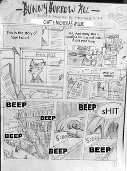 alternate_universe anthro female male text appledipz disney zootopia nick_wilde canid canine fox mammal red_fox true_fox 2016 comic digital_media_(artwork) english_text hi_res monochrome source_request