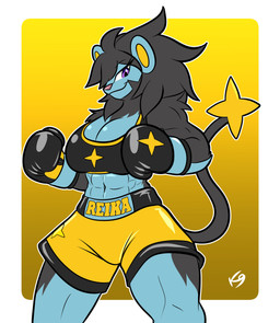 abs anthro anthrofied biceps big_breasts boxing_gloves boxing_shorts breasts cleavage clothed clothing female handwear muscular muscular_anthro muscular_female muscular_thighs pokemorph simple_background smile solo tail vulpinecrew nintendo pokemon generation_4_pokemon luxray pokemon_(species) absurd_res hi_res watermark