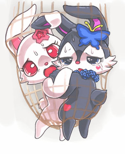 accessory albino anthro black_body black_fur blue_eyes bodily_fluids butt duo female flower fur hair_accessory hairclip heart_symbol hug jewelry long_ears necklace net plant red_eyes rose_(flower) simple_background sitting tears trap_(contrivance) trapped trapped_in_net white_background white_body white_fur nosen jewelpet sanrio sega sega_fave luea_(jewelpet) ruby_(jewelpet) arthropod butterfly domestic_rabbit dutch_rabbit hare insect japanese_hare lagomorph lepidopteran leporid mammal oryctolagus rabbit low_res