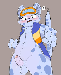 anthro balls blush bodily_fluids clothed clothing cum erection fur genital_fluids genitals male open_mouth penis solo spots surprised tail pukizel_(artist) bemani konami pop'n_music pop'n_music_sunny_park ollie_(pop'n_music) felid mammal pantherine snow_leopard absurd_res digital_media_(artwork) hi_res