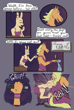anthro breasts clipboard clothed clothing dialogue duo ear_piercing female frown fur hair industrial_piercing male open_mouth piercing simple_background smile tail text wristband lost_andsafe halcyon_(series) sunflower_(halcyon) walker_(halcyon) equid equine horse lagomorph leporid mammal rabbit 2025 absurd_res comic digital_media_(artwork) english_text hi_res