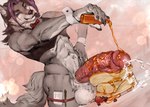 anthro balls big_balls big_penis bodily_fluids clothed clothing countershading cum ejaculation food food_fetish foreskin genital_fluids genitals huge_penis male pancake partially_clothed penis retracted_foreskin solo syrup vein veiny_penis thebigslick yuki_nomura canid canine canis mammal wolf