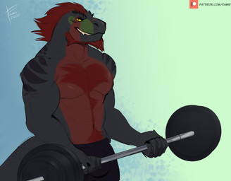 abs anthro beard black_bottomwear black_claws black_clothing black_underwear bottomwear bulge claws clothed clothing exercise facial_hair finger_claws grey_body grin hair looking_at_viewer male muscular muscular_anthro muscular_male narrowed_eyes pecs red_beard red_body red_facial_hair red_hair simple_background smile solo standing text topless underwear weightlifting workout famir tagg dinosaur prehistoric_species reptile saurischian scalie theropod tyrannosaurid tyrannosauroid tyrannosaurus tyrannosaurus_rex 2020 absurd_res dated half-length_portrait hi_res portrait signature url