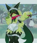 ambiguous_gender anthro blush bodily_fluids clothed clothing fur green_body green_fur looking_at_viewer maid_uniform red_eyes solo sweat uniform wide_hips fiinel nintendo pokemon generation_9_pokemon meowscarada pokemon_(species) 2023 hi_res