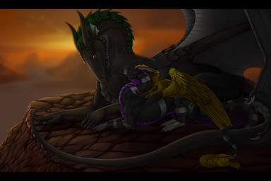 4_horns 4_toes 5_toes ambiguous_gender black_body black_claws black_horn black_skin blonde_mane blue_eyes blurred_background claws cliff curved_horn duo ear_frill eye_contact feathered_wings feathers feet feral frill_(anatomy) fur green_body green_scales grey_body grey_scales grey_skin horn lake larger_feral long_tail looking_at_another lying mane membrane_(anatomy) membranous_frill membranous_wings mountain multi_horn on_front outside purple_body purple_scales quadruped river scales side_view size_difference smaller_feral smile smooth_horn spikes spread_wings stripes sunset tail tail_tuft toe_claws toes tuft water white_body white_horn white_skin white_stripes wings yellow_body yellow_eyes yellow_feathers yellow_fur flamingtitania european_mythology mythology torian_(nimorga) varinn dragon mythological_creature mythological_scalie scalie western_dragon 2018 3:2 absurd_res digital_media_(artwork) hi_res letterbox