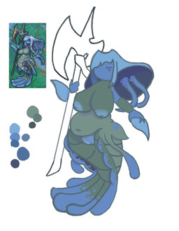 anthro belly big_breasts breasts female fin fish_tail solo split_form weapon vicular calamity_(terraria_mod) anahita_(terraria_mod) aquatic merfolk hi_res