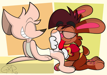 3_toes 4_fingers anthro ball_grab balls big_penis big_tongue cartoon_gloves clothing duo eyewear feet fingers genitals glans glasses happy humanoid_genitalia humanoid_penis licking male male/male oral pawpads penile penis penis_lick red_tongue sex shirt smile tail toes tongue tongue_out toony topwear wearing_glasses wearing_gloves conditional_dnp sr-g paco_(sr-g) roderick_(tamerkoh) canid canine canis chihuahua domestic_dog lagomorph leporid mammal rabbit toy_dog hi_res
