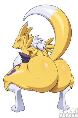 anthro big_breasts big_butt blush bodily_fluids breasts butt crouching female fur huge_breasts huge_butt looking_at_viewer looking_back looking_back_at_viewer simple_background solo sweat sweatdrop sweaty_butt white_background white_body white_fur yellow_body yellow_fur lollipopcon bandai_namco digimon canid digimon_(species) mammal renamon 2025 absurd_res hi_res