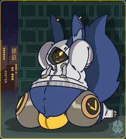 3_toes anthro belly blue_body blue_fur bulge city clothing detailed_background feet footwear fur hands_behind_head hoodie machine male navel overweight raised_arms screen screen_face sky slightly_chubby smile socks solo thick_thighs toeless_footwear toeless_socks toes topwear kokoro-doll voyager_(kokoro-doll) mammal protogen robot 2021 digital_media_(artwork) hi_res