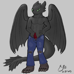 4_fingers 4_toes abs anthro anthrofied big_tail black_body black_scales blue_bottomwear blue_clothing blue_jeans blue_pants bottomwear claws clothed clothing denim denim_bottomwear denim_clothing erection feet fin finger_claws fingers front_view genitals green_eyes grey_background horn jeans legwear long_tail looking_at_viewer male male_anthro membrane_(anatomy) membranous_wings muscular muscular_anthro muscular_male open_bottomwear open_clothing open_jeans open_pants pants pantyhose pecs penis red_penis scales simple_background smile solo tail tail_fin tapering_penis tapering_tail thick_tail toe_claws toes topless topless_anthro topless_male torn_bottomwear torn_clothing torn_jeans torn_pants wings spe dreamworks european_mythology how_to_train_your_dragon mythology toothless dragon fury_(httyd) mythological_creature mythological_scalie night_fury scalie western_dragon 1:1 2025 dated digital_drawing_(artwork) digital_media_(artwork) full-length_portrait hi_res portrait procreate_(artwork) signature sketch