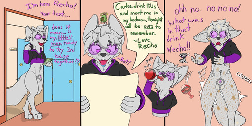 anthro apartment balls beverage bodily_fluids body_hair clothed clothing crop_top deception dialogue dripping excited eyewear fluffy fluffy_tail fur genital_fluids genitals glasses grey_body grey_fur happy_trail heart_eyes heart_symbol intersex leaking_precum love male onomatopoeia pantsless partially_clothed penis penis_tip potion precum precum_drip precum_on_penis public public_nudity reading saliva saliva_on_tongue shirt solo sound_effects surprised tail text texting topwear transformation wearing_glasses white_body white_fur yelling_at_another kio_kasteyoto alma_the_snow_fox arctic_fox canid canine fox mammal true_fox comic english_text hi_res