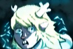 anthro antlers blonde_hair blue_eyes blue_light blurred_character blurred_foreground buckteeth clothing electricity female hair hoodie horn lightning parody red_nose solo teeth topwear unknown_artist attack_on_titan deltarune undertale_(series) noelle_holiday deer mammal new_world_deer reindeer hi_res shaded