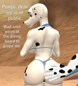 anthro anthrofied back_boob big_butt bikini bikini_thong breasts butt canon_couple clothing dialogue female hand_on_butt husband_and_wife married_couple mature_female presenting presenting_hindquarters romantic romantic_couple swimwear term_of_endearment text two-piece_swimsuit papadragon69 101_dalmatians disney perdita pongo canid canine canis dalmatian domestic_dog mammal 3d_(artwork) digital_media_(artwork) english_text