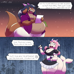 anthro black_hair brown_body brown_skin female female_anthro hair imminent_vore larger_male male male_anthro obese obese_male overweight overweight_male pale_body pale_skin pink_hair size_difference smaller_female text vore dirtymac mythology aquatic dragon hybrid mammal mythological_creature mythological_scalie pinniped scalie seal 1:1 absurd_res english_text hi_res