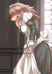anthro bent_over blush brown_body brown_fur clothed clothing desperation dress embarrassed female fur hair hidden_eyes maid_headdress maid_uniform open_mouth red_hair shaking shivering solo standing uniform mttbsmn littell_(mttbsmn) canid canine canis domestic_dog mammal absurd_res hi_res