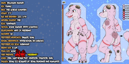 3_toes anthro anus arm_scar bald black_claws black_horn breasts claws cut_horn digitigrade feet female front_view genitals horn leg_scar married nipples non-mammal_breasts pink_body pink_eyes pink_nipples pink_scales rear_view scales scar scars_all_over short solo tail text toes vulva kitsune_youkai last_love bellissima kobold scalie english_text hi_res model_sheet