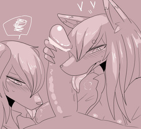 anthro ball_lick balls blush bodily_fluids collaborative duo_focus faceless_character faceless_male female female_focus first_person_view genitals group group_sex heart_symbol humanoid_genitalia humanoid_penis kemono licking male male/female male_pov oral penile penis penis_lick saliva saliva_on_balls saliva_on_penis saliva_on_tongue sex sweat threesome tongue tongue_out trio inumatori canid canine mammal censored hi_res