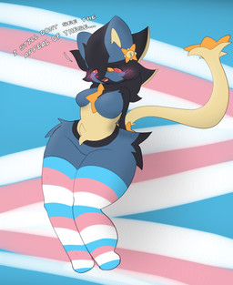 anthro big_breasts blush breasts clothing ear_piercing ear_ring embarrassed featureless_breasts female fur legwear lgbt_pride mega_stone multicolored_body multicolored_fur piercing pokemorph pride_colors ring_piercing solo tail text thick_thighs thigh_highs transgender_pride_colors wide_hips sylvewithglases nintendo pokemon estelle_(etanks3) felid feline generation_4_pokemon lucario luxray mammal pokemon_(species) absurd_res english_text hi_res trans_(lore)