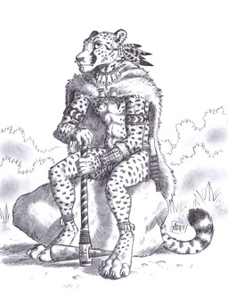 anklet anthro axe biped bracelet claws digitigrade ear_piercing ear_ring facial_piercing feather_accessory finger_claws fur holding_axe holding_object jewelry looking_at_viewer male markings necklace nose_piercing on_rock outside paws piercing ring_piercing rock sitting sitting_on_rock solo spots spotted_body spotted_fur stone_age toe_claws 0laffson cheetah european_cheetah felid feline mammal 2026 hi_res traditional_media_(artwork)